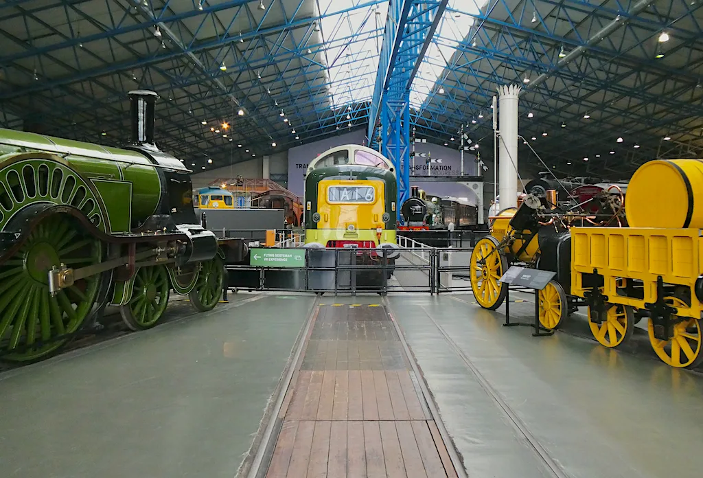 Locomotives lined up in the Great Hall at the National Railway Museum, York, where the Wonderlab gallery for children is based